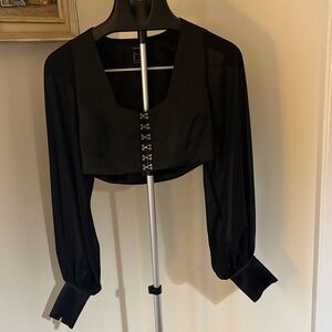 Forever 21 Black Satin Corset Crop Top S Sheer Puff Sleeve Whimsical Grunge Punk